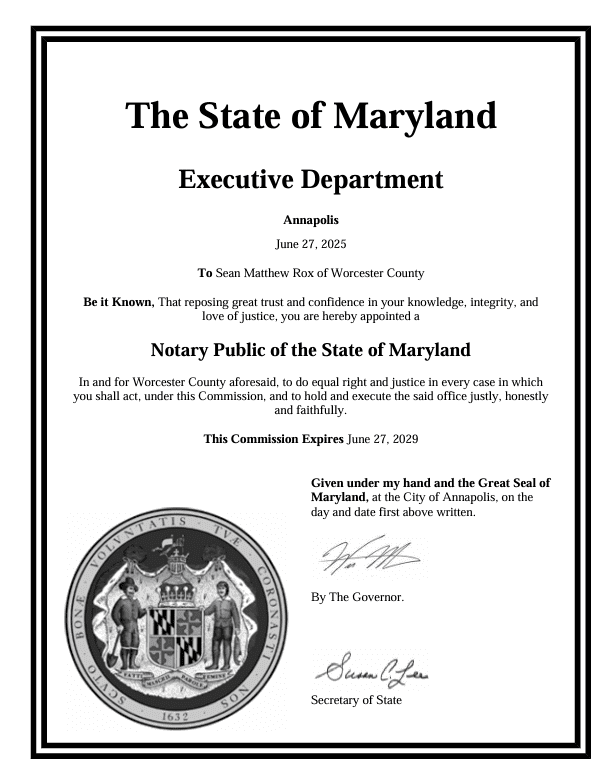 Ocean City Maryland Notary Public Sean Rox