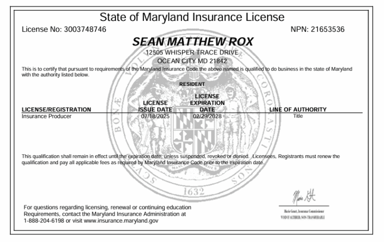 State of Maryland Insurance License Sean Rox