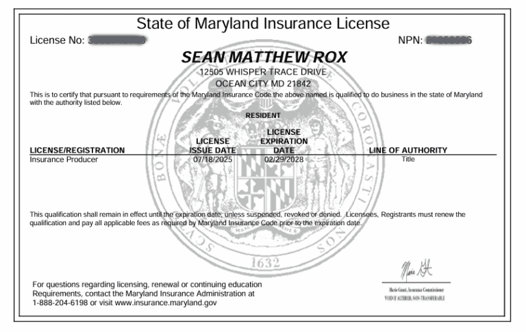 State of Maryland Insurance License Sean Rox