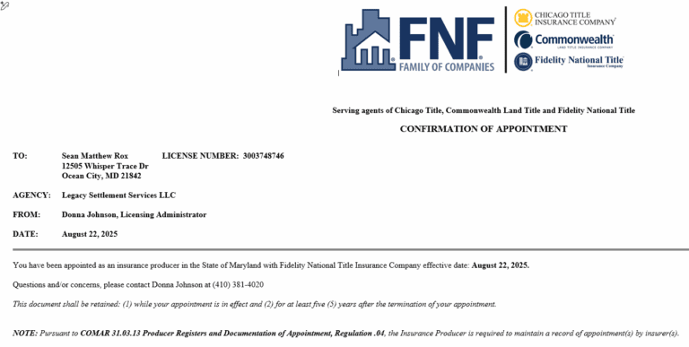 Legacy Fidelity Appointment Letter